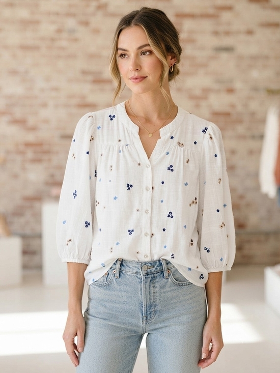 fig and flower Tops - fig and flower White Floral Button-Front Blouse with Blue & Tan Accents